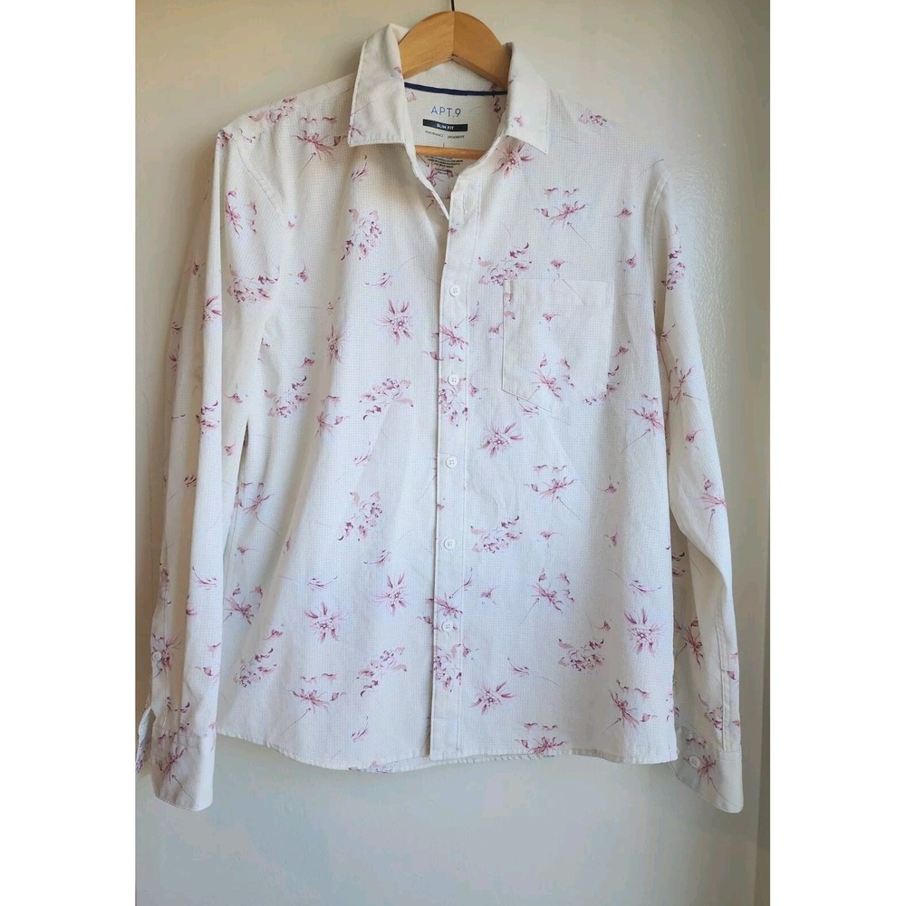 Apt. 9 Mens Shirt Slim Fit Camisa Long Sleeve Floral Print Size L
